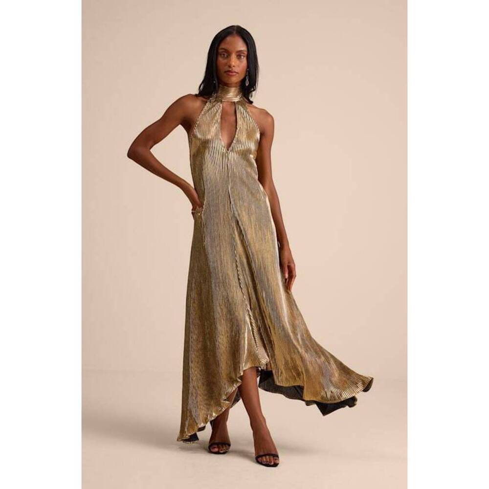 Lulus Verlice Metallic Gold Plisse Pleated Cutout Maxi Dress - Size L